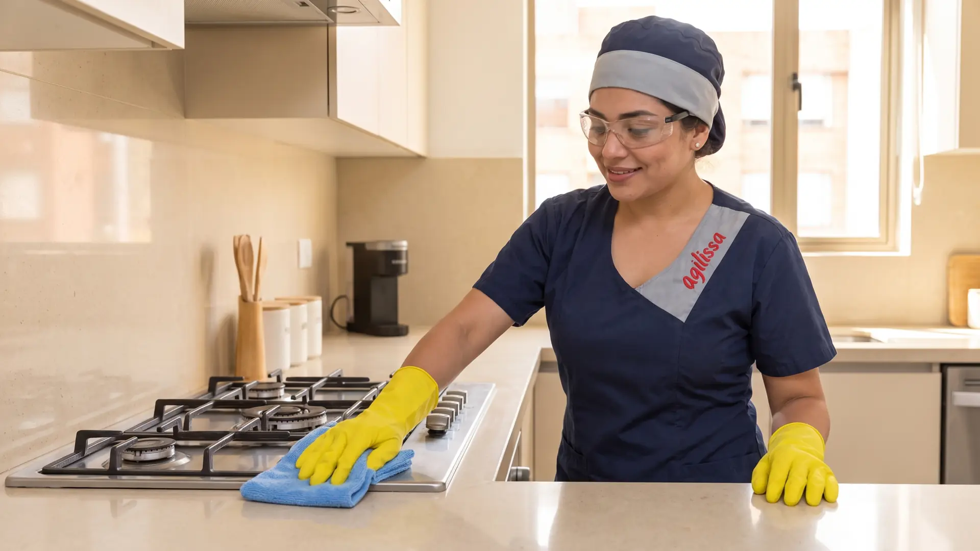 Profesional de limpieza con uniforme azul, gorro y gafas de seguridad limpia la estufa de una cocina iluminada por la luz de la mañana