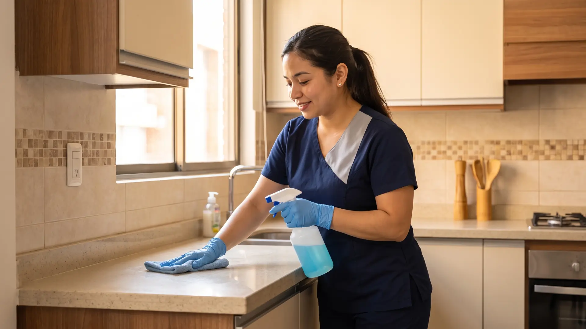 Profesional de limpieza con guantes azules rocía y limpia el mesón de una cocina de apartamento