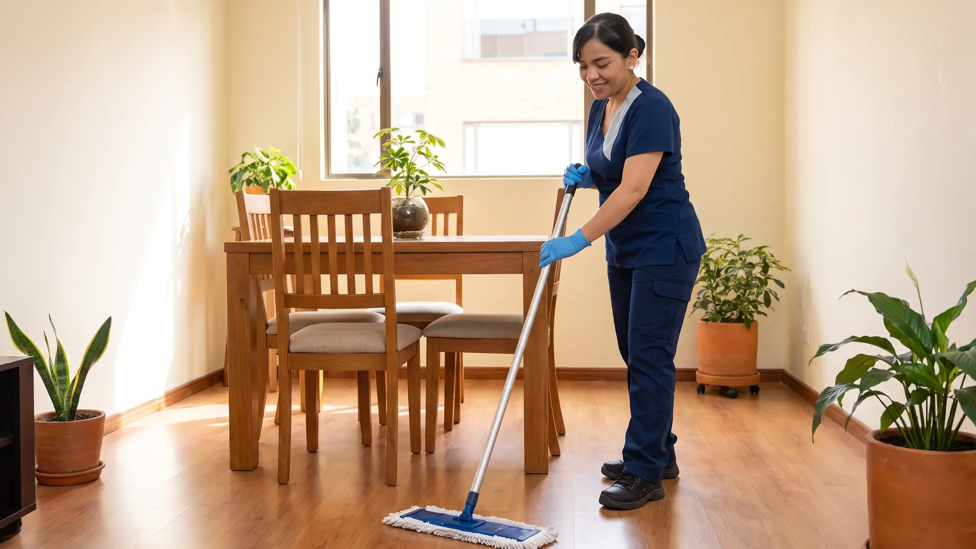 Profesional de limpieza trapea el piso de madera junto a la mesa del comedor
