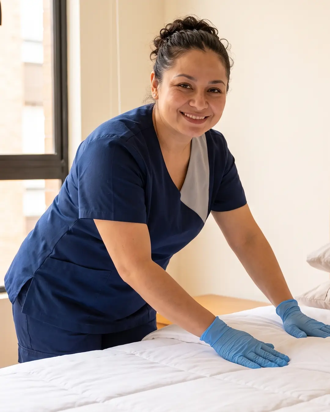 Profesional de limpieza sonriente tiende una cama con edredón blanco